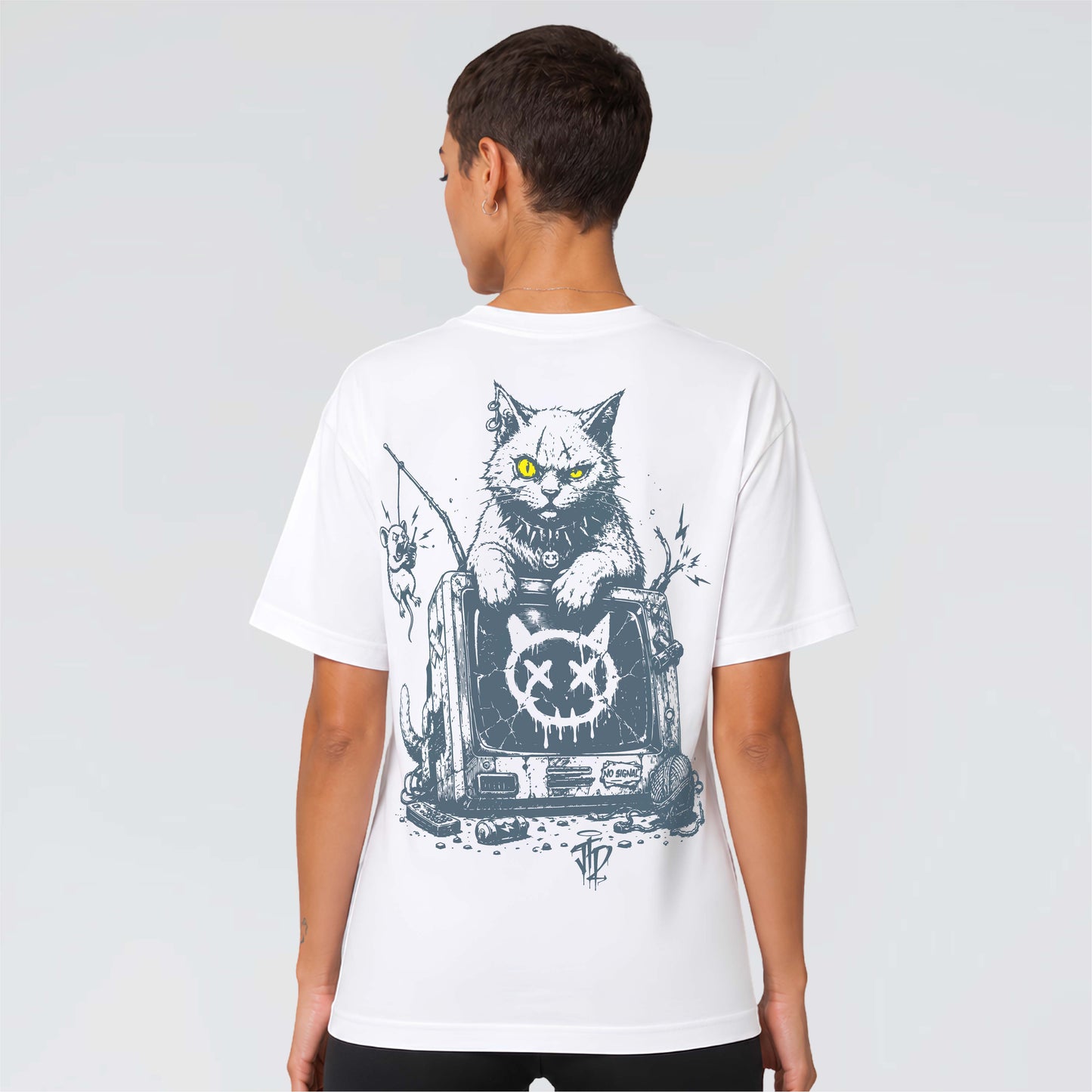 White 245 GSM graphic tee featuring illustrated yellow-eyed cat, mouse and broken television artwork