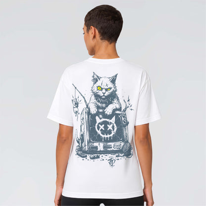 White 245 GSM graphic tee featuring illustrated yellow-eyed cat, mouse and broken television artwork