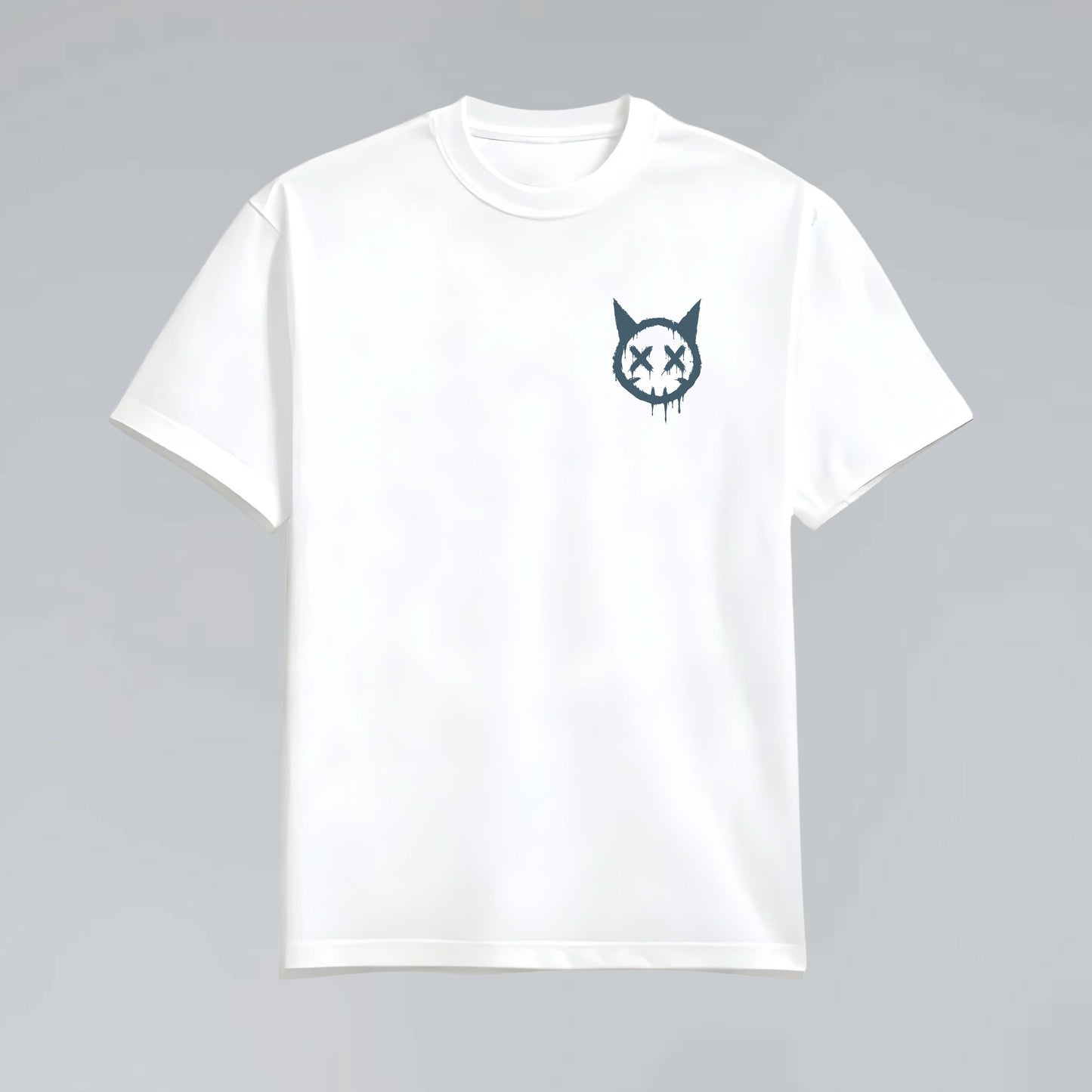 Natural Born Enemies white cotton T-shirt flat lay with X-eye cat symbol on the chest