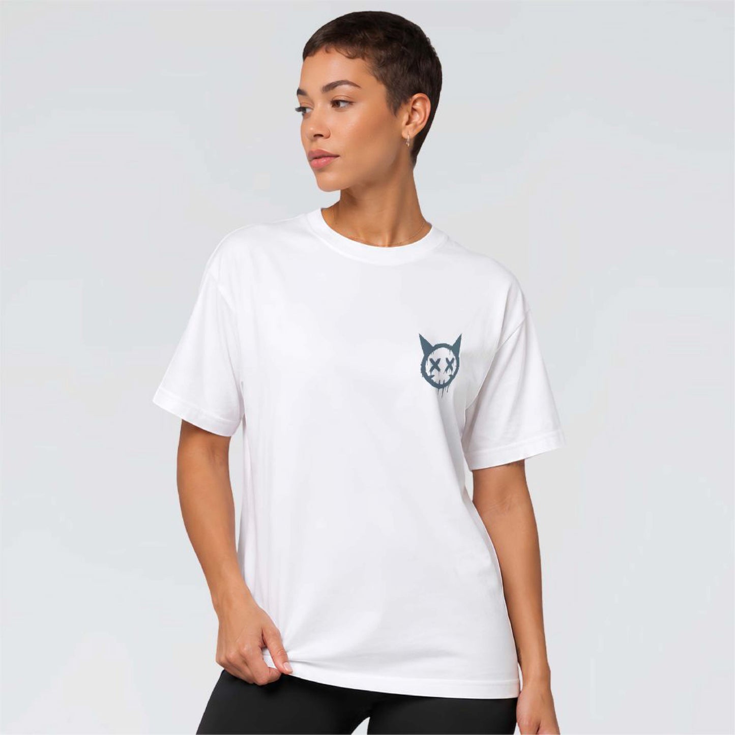 Natural Born Enemies white heavy graphic T-shirt worn with distressed cat emblem chest print