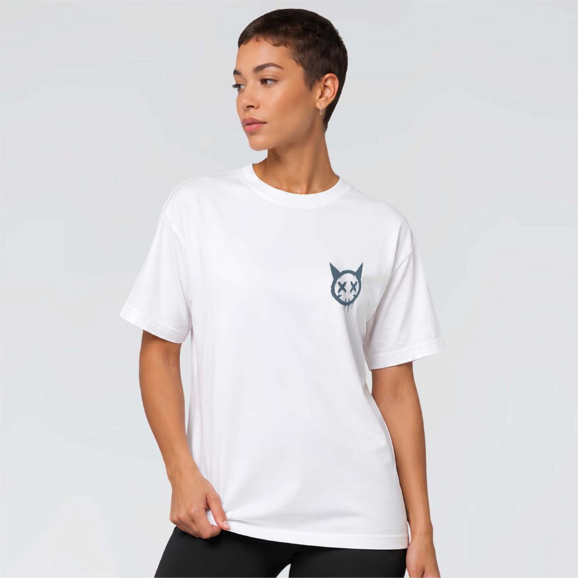 Natural Born Enemies white heavy graphic T-shirt worn with distressed cat emblem chest print