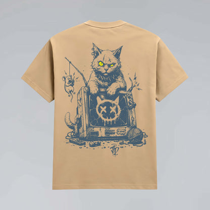 Natural Born Enemies tan heavy T-shirt laid flat with sketch-style cat and broken TV back graphic