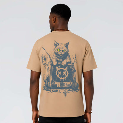 Tan streetwear T-shirt worn from the back with large cat, mouse and vintage television illustration