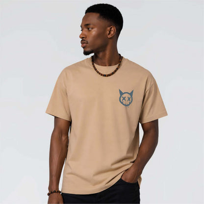 Natural Born Enemies tan heavy graphic T-shirt with dark feline chest motif