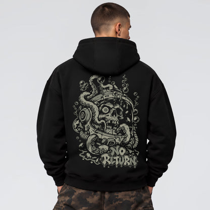 No Return skull graphic hoodie with underwater diving helmet and octopus back artwork