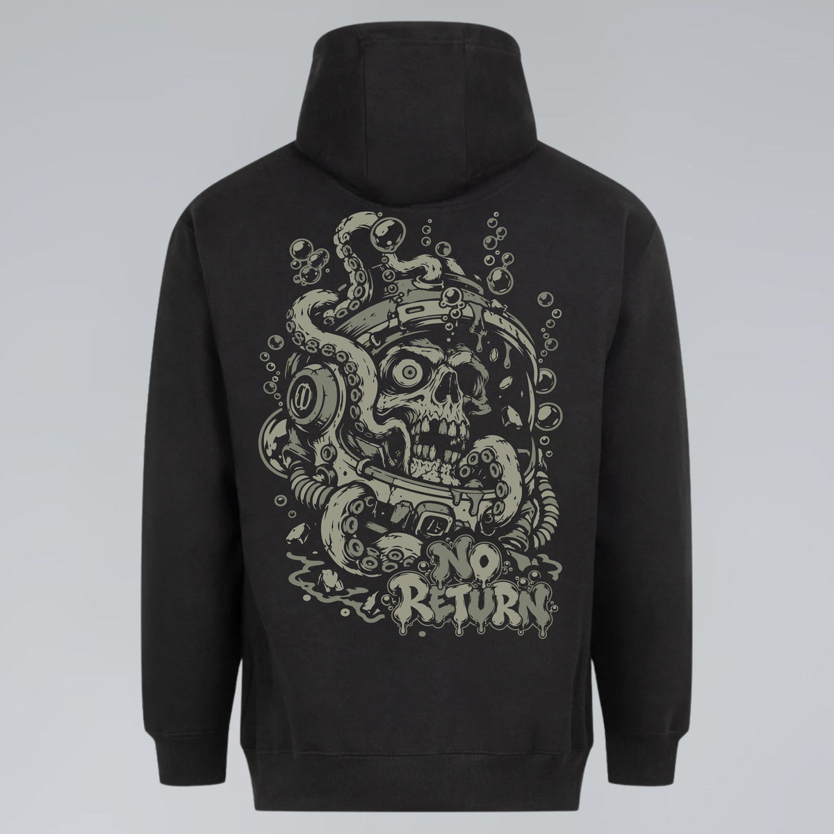 No Return black graphic hoodie with skull in sunken diving helmet and octopus tentacles