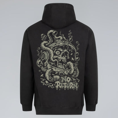 No Return black graphic hoodie with skull in sunken diving helmet and octopus tentacles