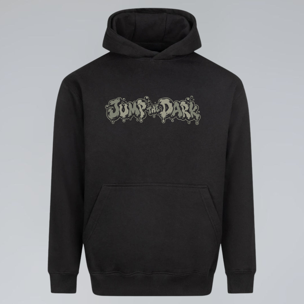Black No Return heavyweight hoodie with muted grey green Jump the Dark front print