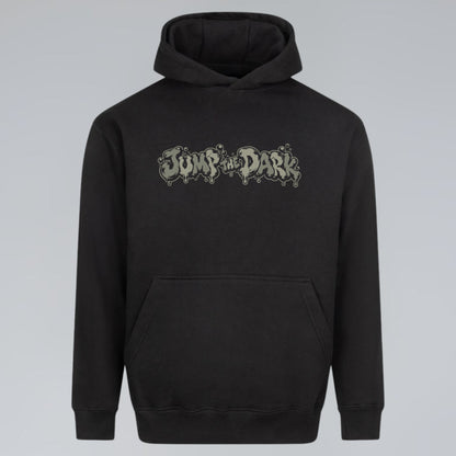 Black No Return heavyweight hoodie with muted grey green Jump the Dark front print