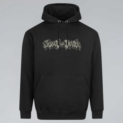 Black No Return core series medium fit unisex hoodie with muted grey green Jump the Dark front 