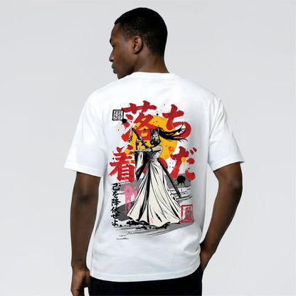 Poised 2.0 white graphic t-shirt with samurai back print UK streetwear brand