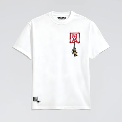 White unisex graphic t-shirt with Japanese-inspired chest print Jump The Dark