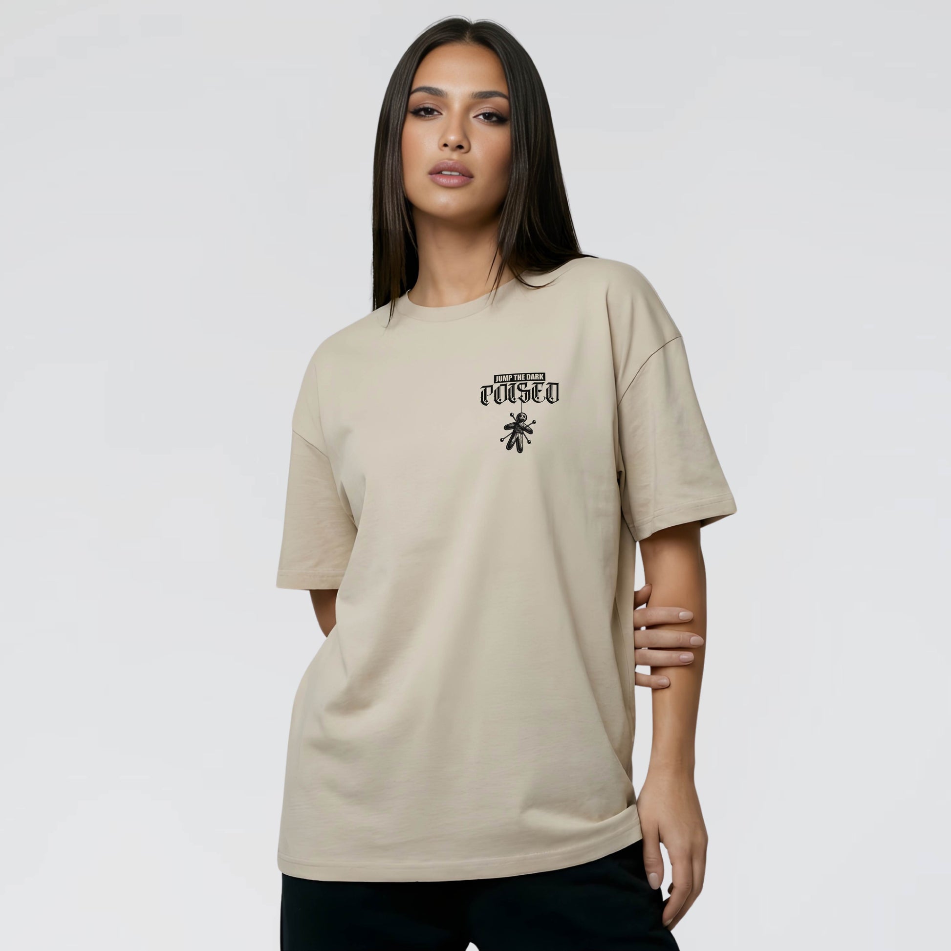 Dystopian Graphic Tee Design with Voodoo Doll by Indie Brand Jump The Dark