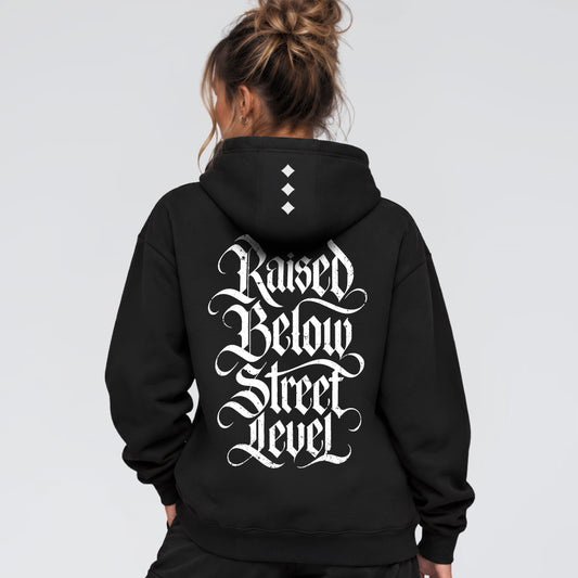 Raised Below gothic streetwear hoodie with oversized blackletter back print and hood detailing