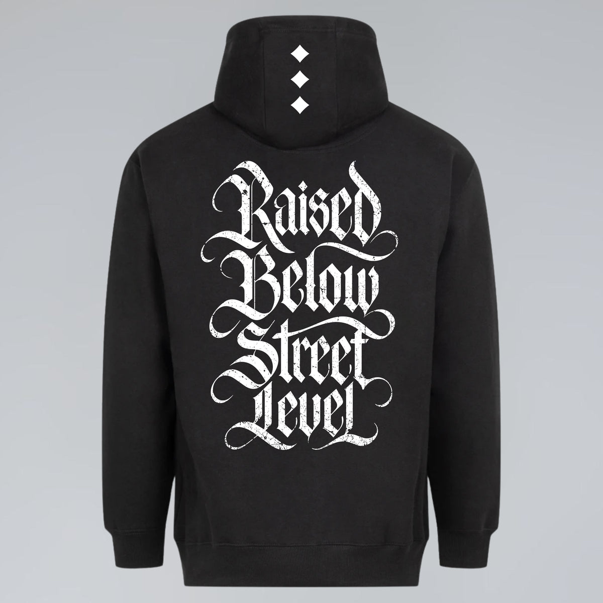 Black gothic graphic hoodie with Raised Below Street Level blackletter back print and diamond hood design
