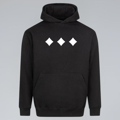 Raised Below black heavyweight hoodie with three white diamond symbols across the chest
