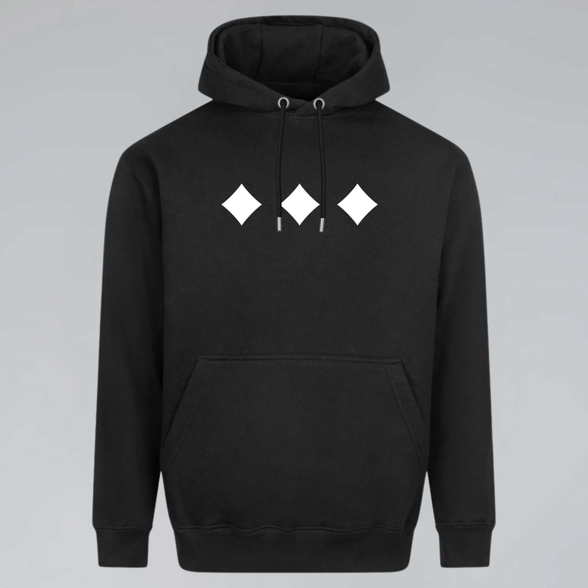 Raised Below black regular hoodie with three white diamond symbols across the chest