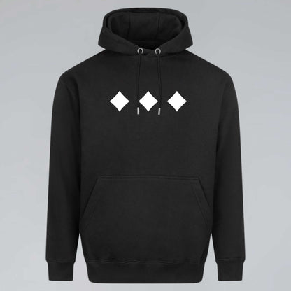 Raised Below black regular hoodie with three white diamond symbols across the chest