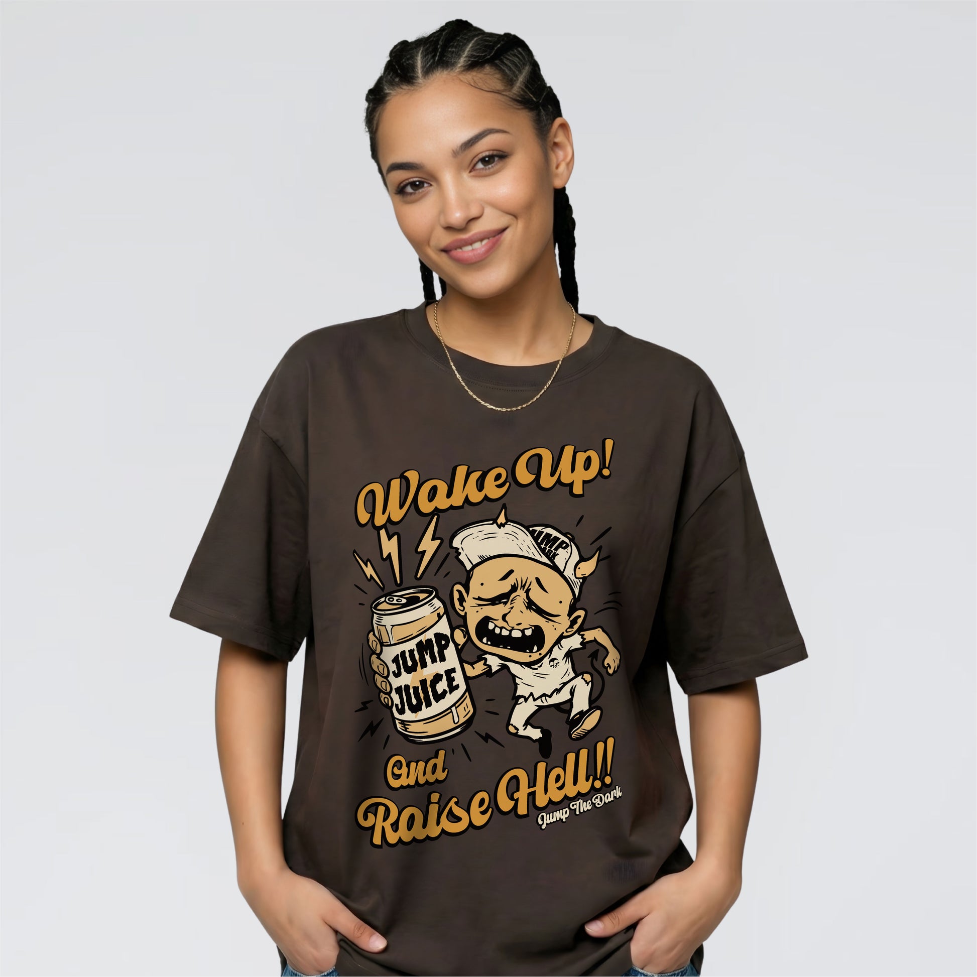 Brown graphic tee with cartoon streetwear design