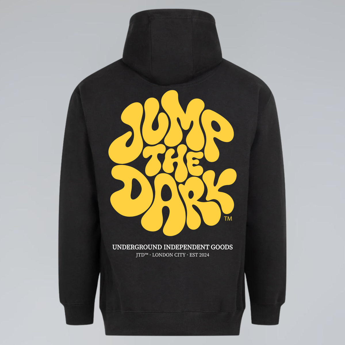 Retro Groove heavyweight hoodie with bold yellow vintage typography back graphic