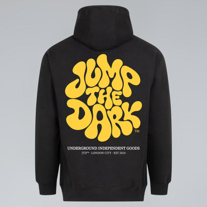 Retro Groove heavyweight hoodie with bold yellow vintage typography back graphic