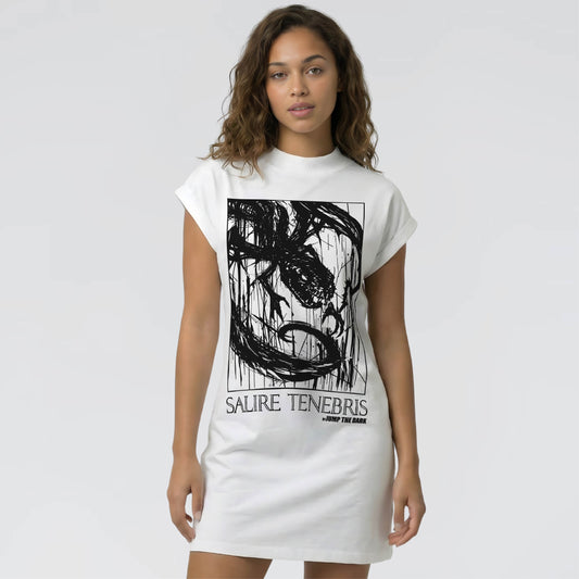 Woman wearing a white t-shirt dress with black graphic design and text on a plain background