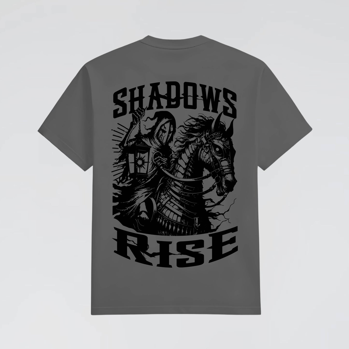 Knight on horse bold back graphic on Dark Grey Street style T-Shirt. Jump The Dark