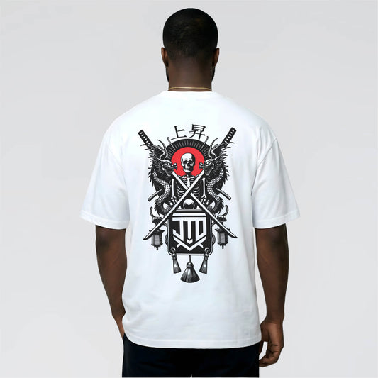 Shogun Graphic White T-Shirt or Men and Women with Skull design. Jump the Dark