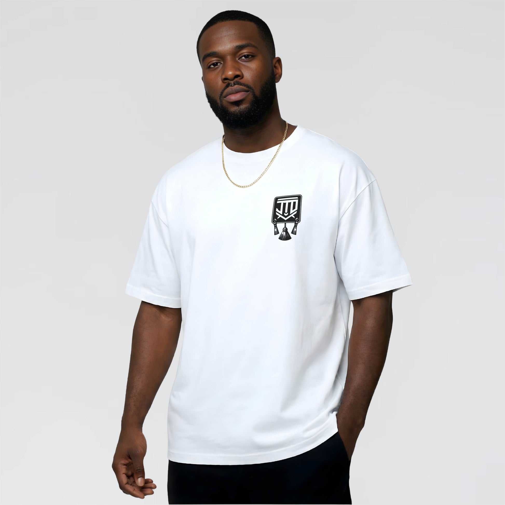 White Graphic Tee with Japanese Elements and Shogun style by Jump The Dark.