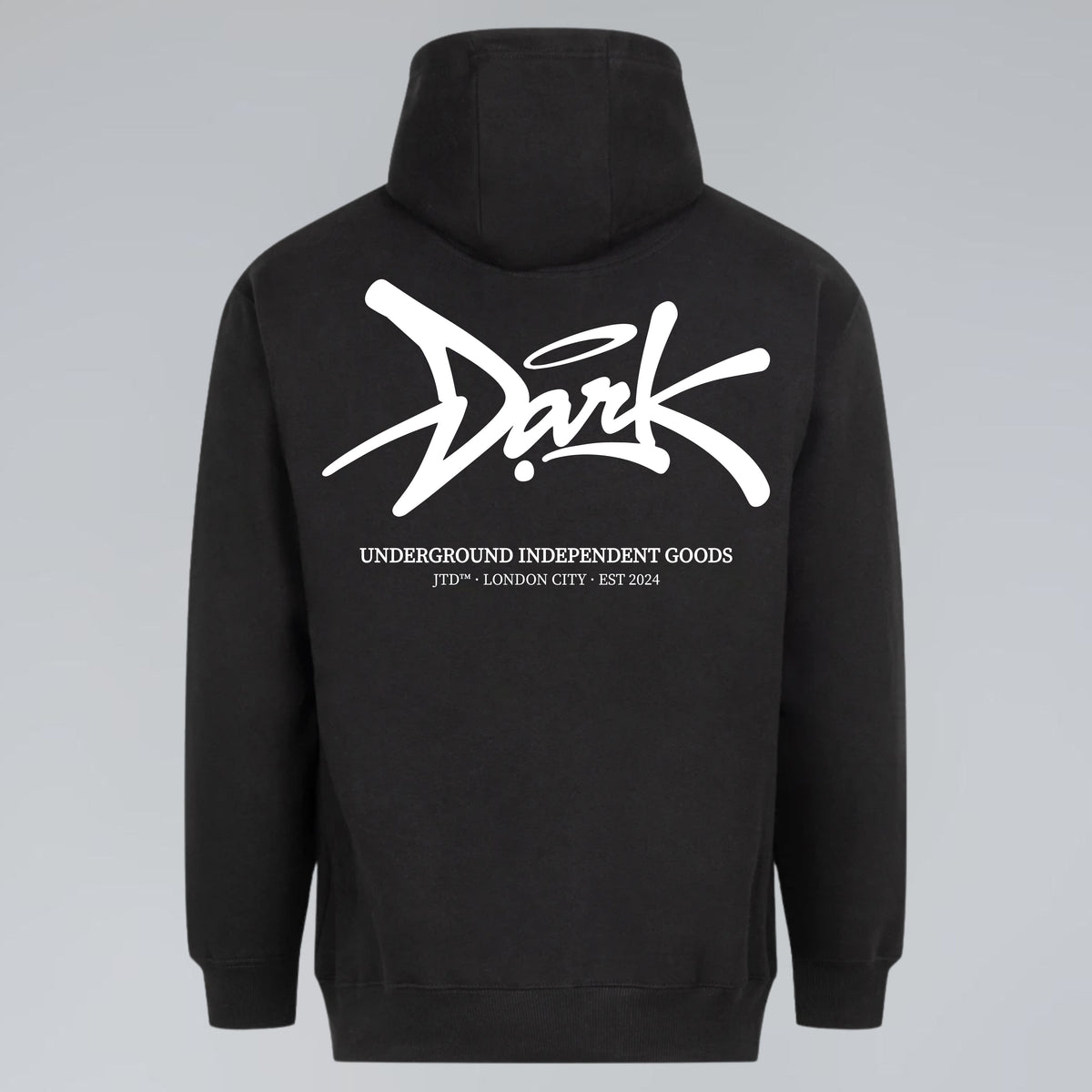 Black streetwear hoodie with oversized Signature logo and Underground Independent Goods back print