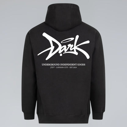 Black streetwear hoodie with oversized Signature logo and Underground Independent Goods back print