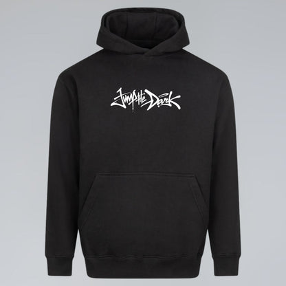 Black Signature heavyweight hoodie with white handwritten Jump the Dark front graphic