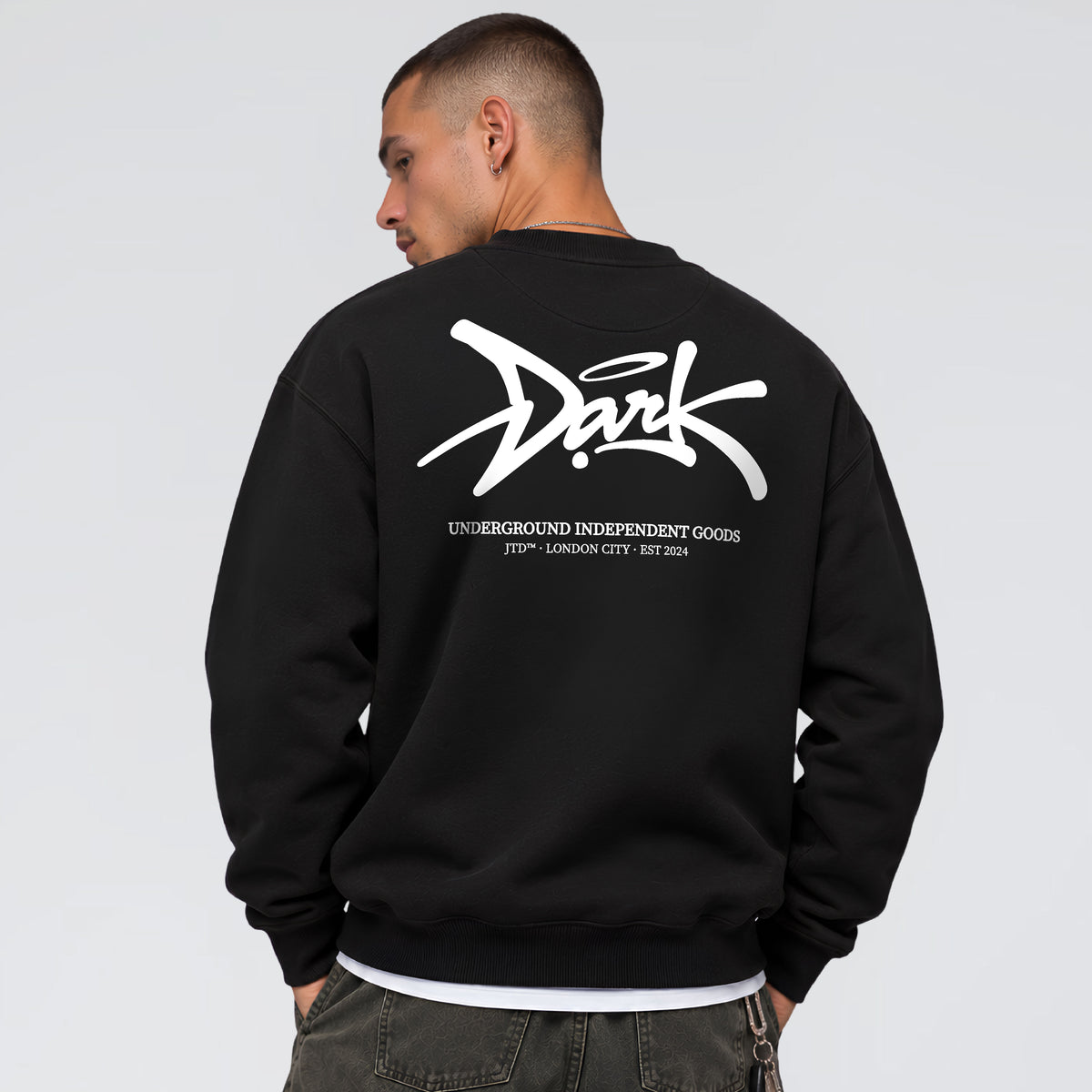 Signature black sweatshirt with oversized Dark logo and Underground Independent Goods back print