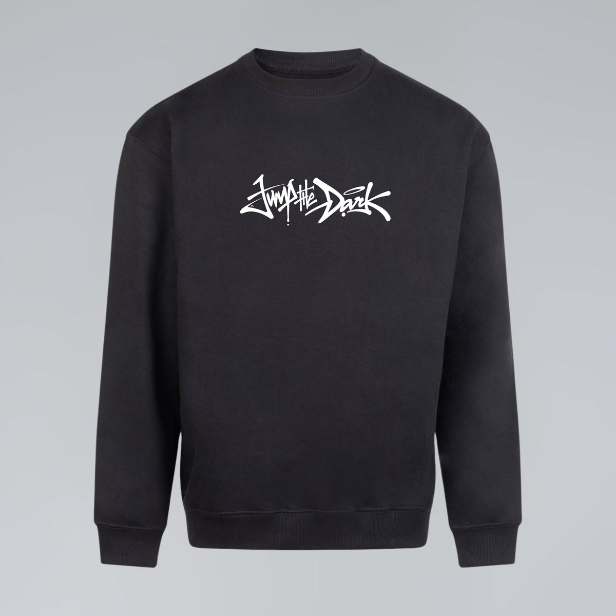 Black heavyweight crewneck sweatshirt with white handwritten Jump the Dark signature graphic