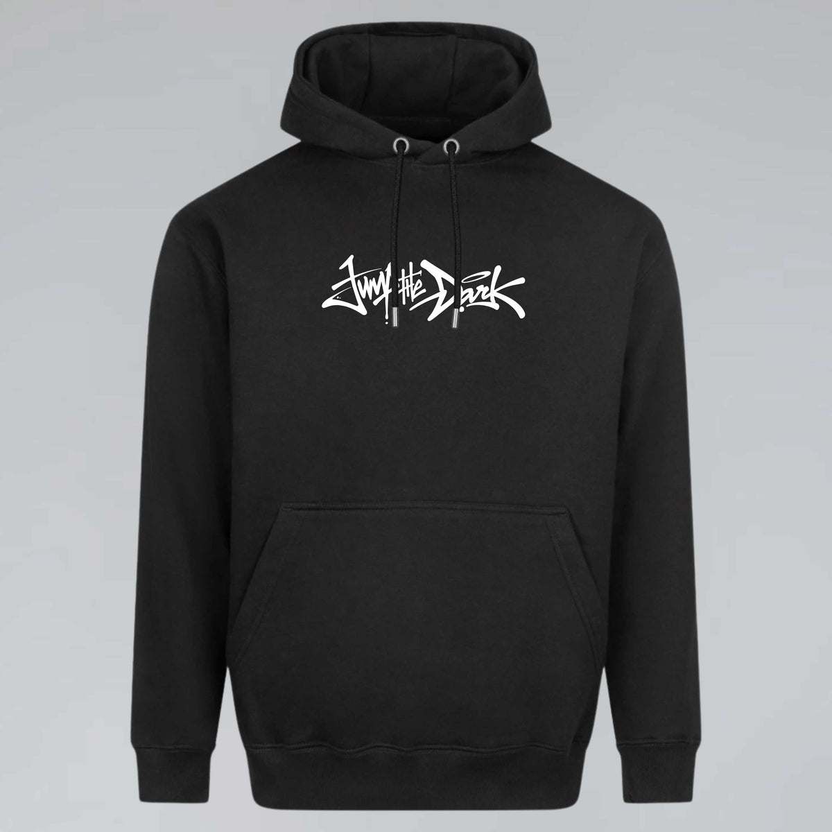 Black Signature core series hoodie with white handwritten Jump the Dark front graphic