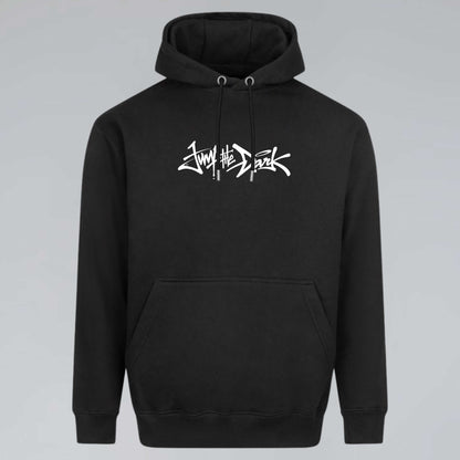 Black Signature core series hoodie with white handwritten Jump the Dark front graphic