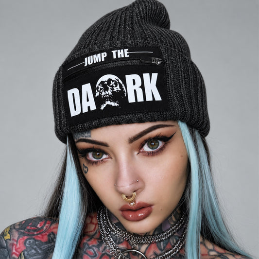 Grey zipper patch Jump The Dark beanie hat streetwear industrial style. Streetwear Beanie Hats for Men and Women.