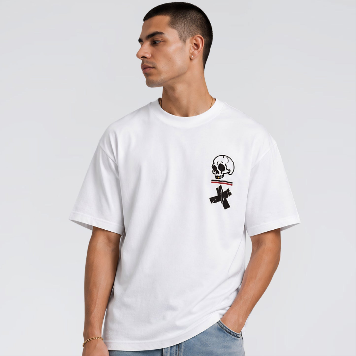 Male model wearing Step Through heavy graphic t-shirt.