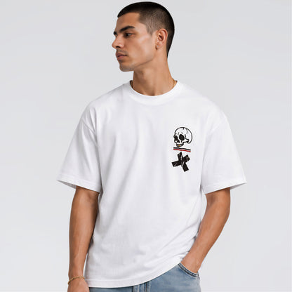 Male model wearing Step Through heavy graphic t-shirt.