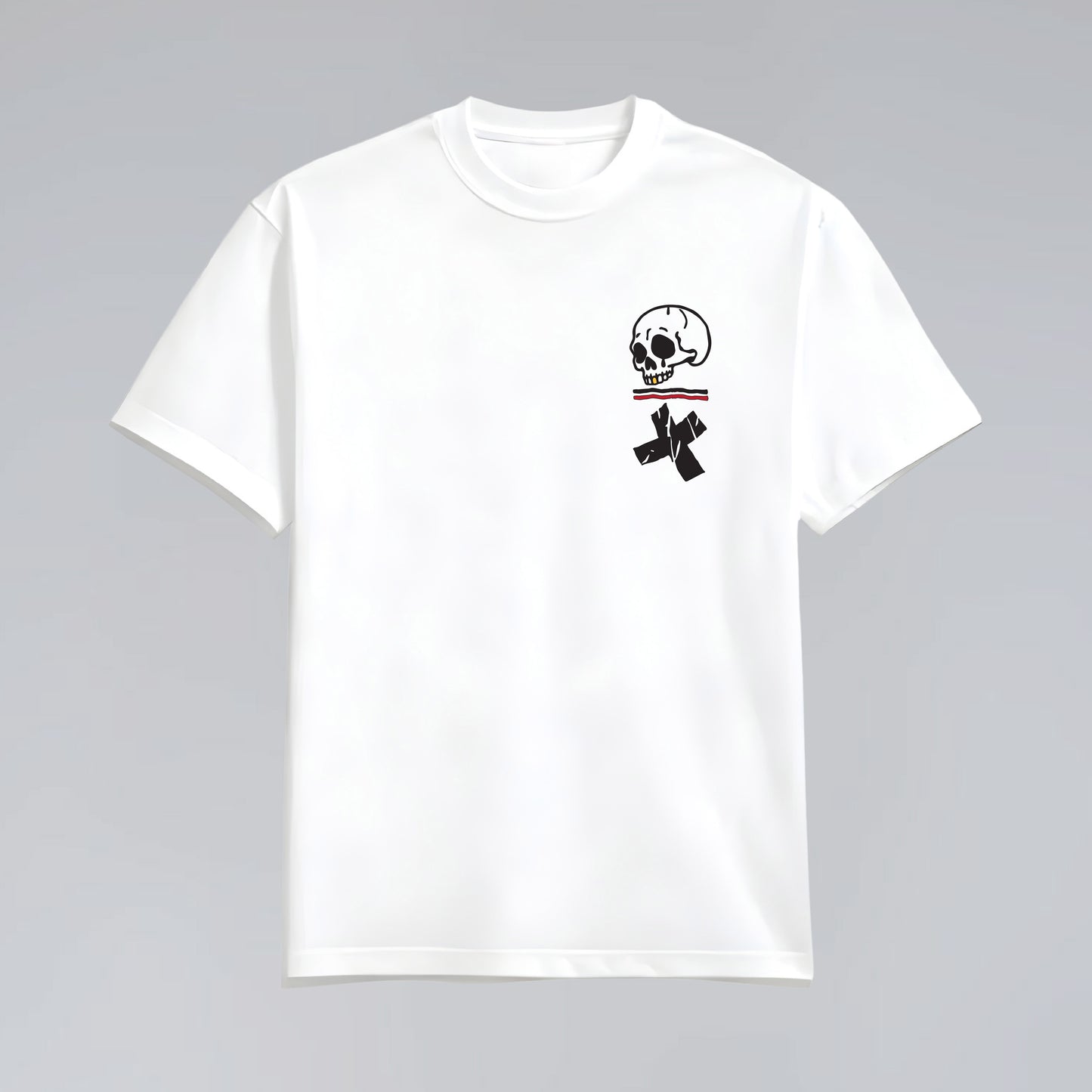 Front flat lay of Step Through white graphic tee.