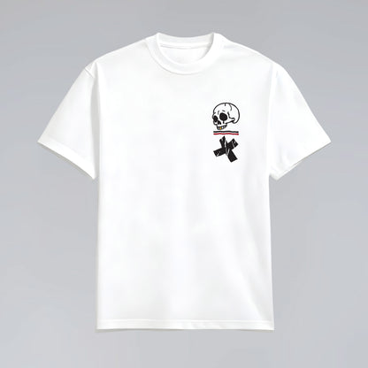Front flat lay of Step Through white graphic tee.