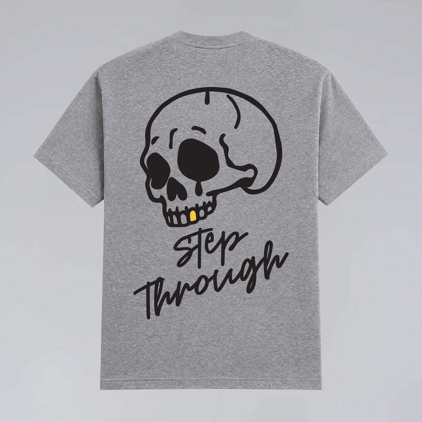 Back flat lay of heather grey Jump the Dark Step Through t-shirt with oversized skull graphic