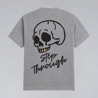 Back flat lay of heather grey Jump the Dark Step Through t-shirt with oversized skull graphic
