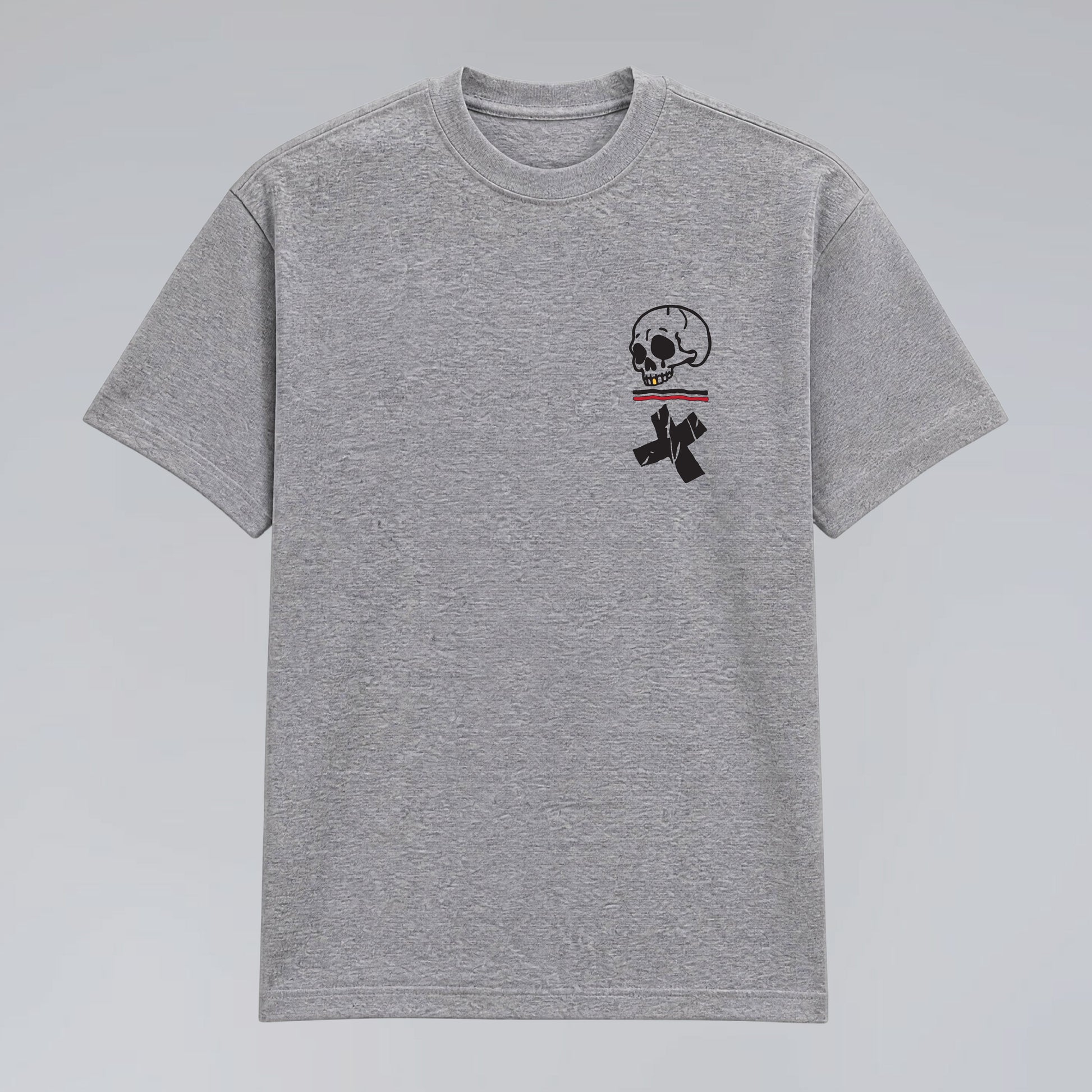 Front flat lay of heather grey Jump the Dark Step Through graphic t-shirt with skull pocket print