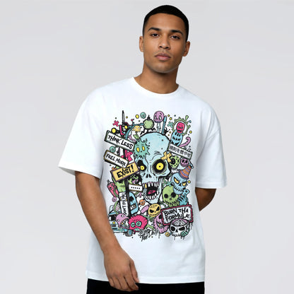 Colourful skull print white crew neck t-shirt