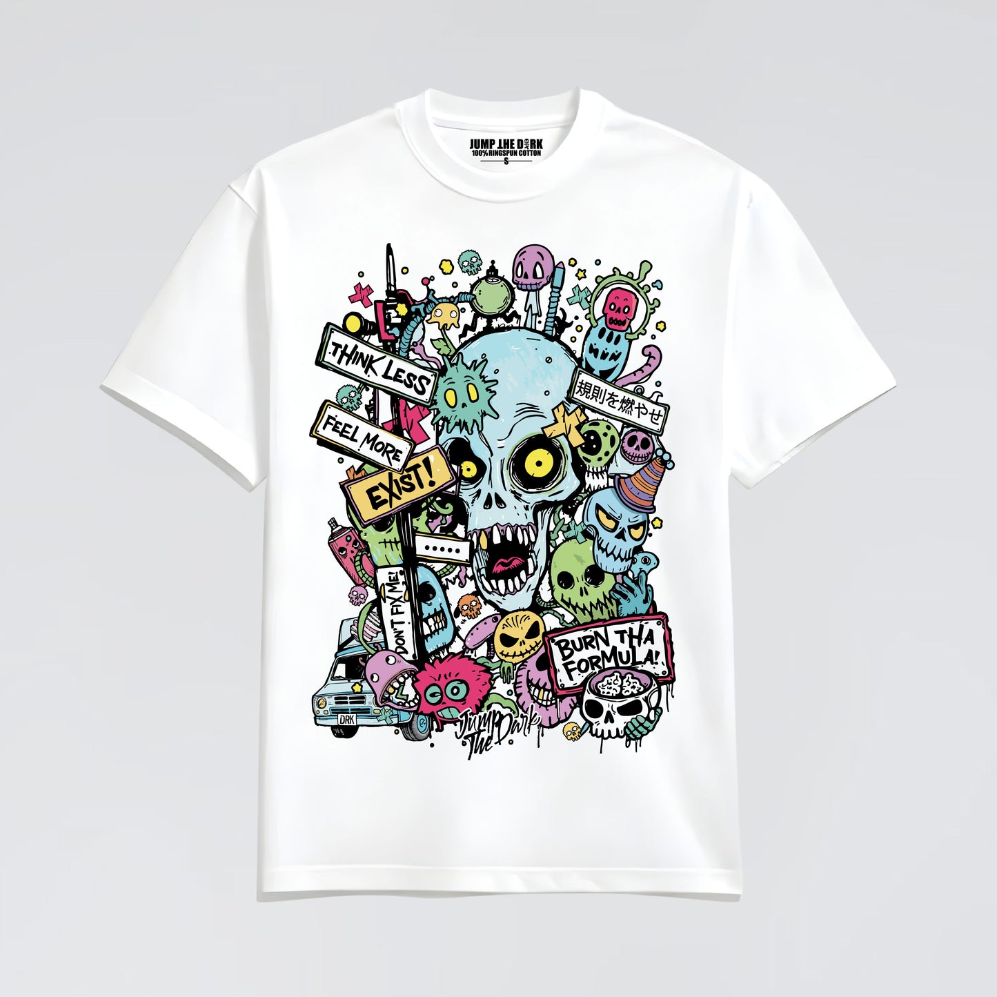Unisex heavy cotton white tee with colourful design