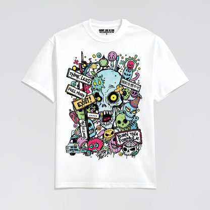 Unisex heavy cotton white tee with colourful design
