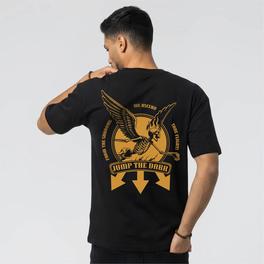 Black Graphic Streetwear T-Shirt, Worn out yellow print of Icarus by Jump the Dark.