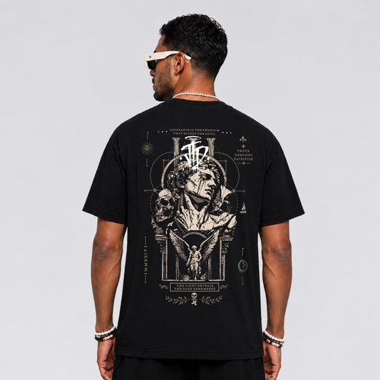 Back graphic of The Last Witness gothic streetwear t-shirt by Jump The Dark.