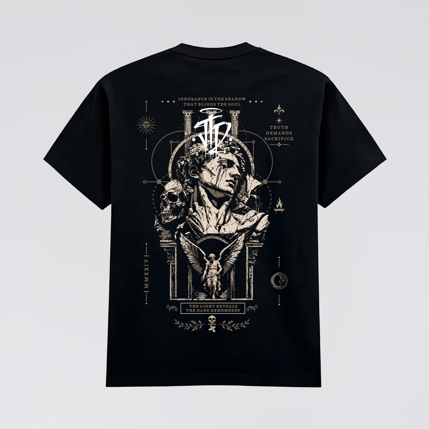 Back flat lay showing The Last Witness bronze gothic artwork. 